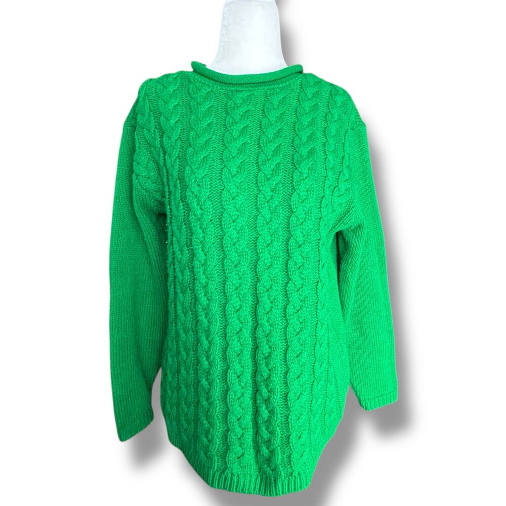 Vintage 80s Carly Blake Green Cable Knit Sweater Petite Medium Made in USA